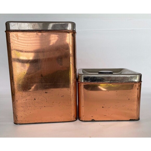 Set of 2 MCM Vintage Garner Ware Copper Metal Canisters Sugar & Tea Mid Century - Picture 5 of 12
